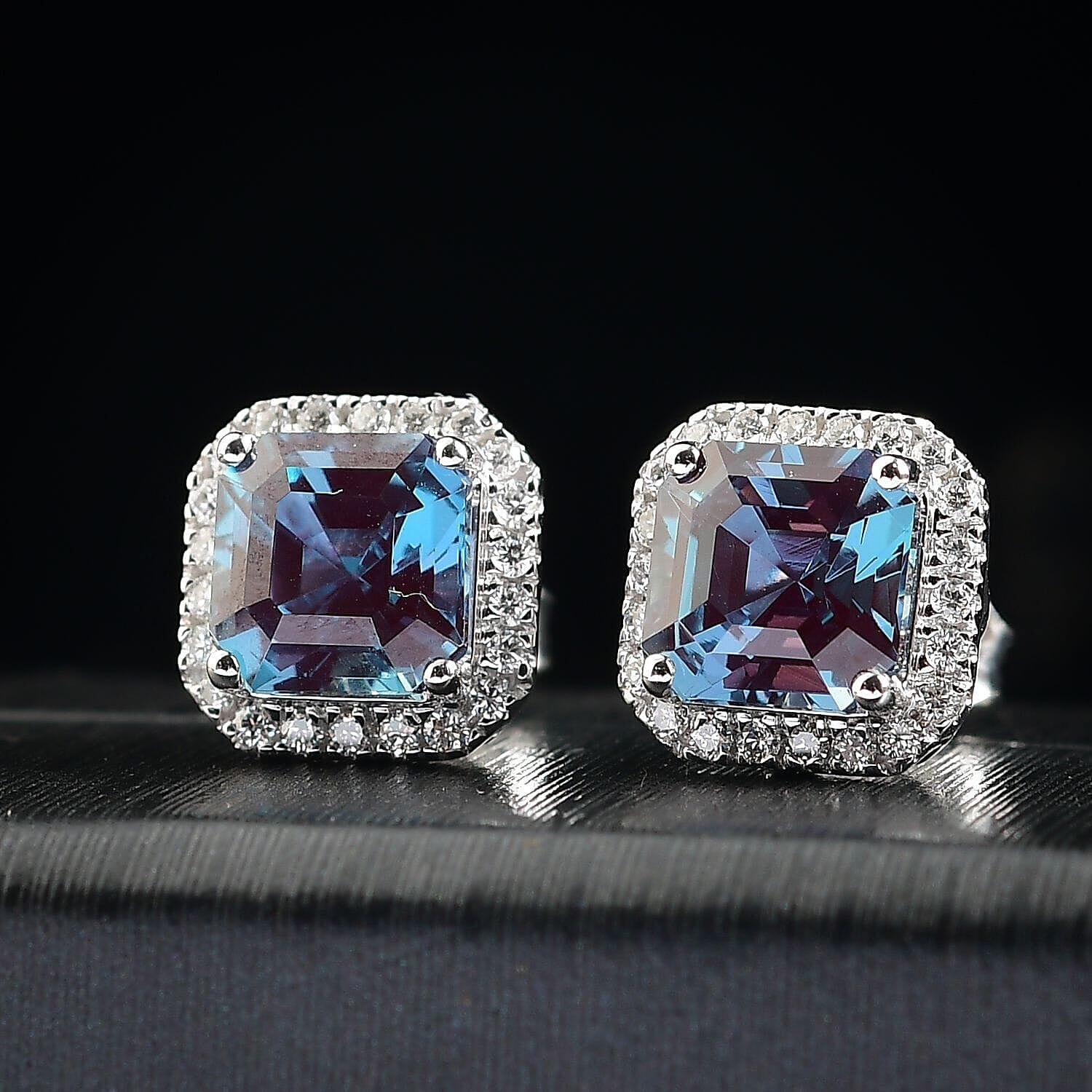 10K White Gold AAA Lab Grown Alexandrite, Lab Grown Diamond EF, VS Solitaire Stud Push Post Earring, Gold Wt.2.49 Gms  4.350  Ct.